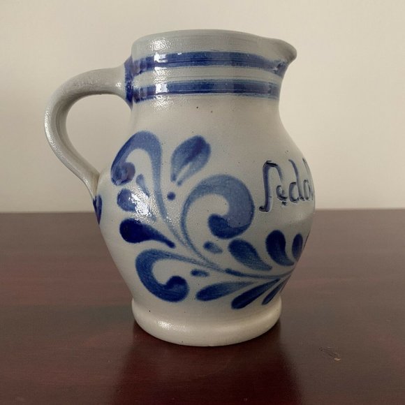 VTG 5” German HANDARBEIT Salt Glazed Cobalt Light Blue Pottery Pitcher A. Wagner - Picture 2 of 11
